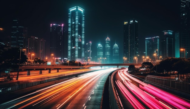 Carros em alta velocidade se desfocam no horizonte iluminado da cidade gerado por IA