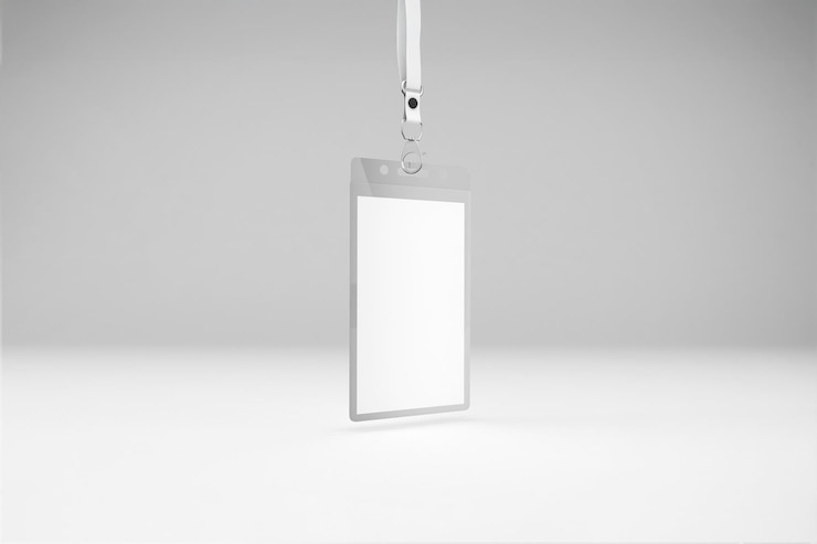 Foto grátis cartão de identificação em branco pendurado em um cordão branco
