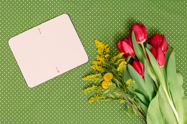 Cartão em branco com flores sobre fundo verde