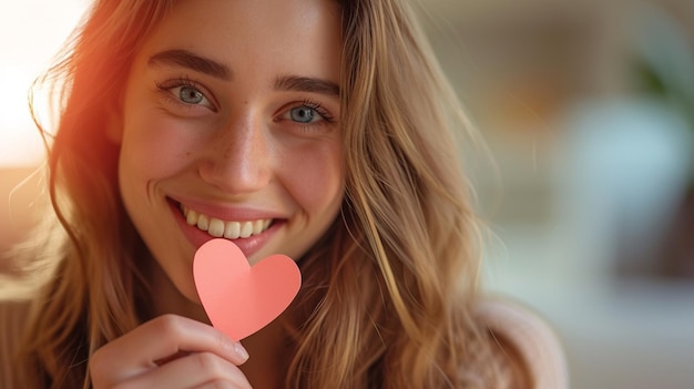 Cartão postal do dia dos namorados com linda garota sorrindo com pequeno coração de papel