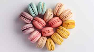Foto grátis cartão postal do dia dos namorados com macarons variados em tons pastel dispostos em forma de coração em um pris