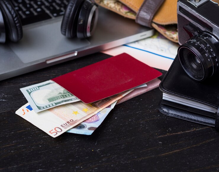 Foto grátis carteira com euros e câmera