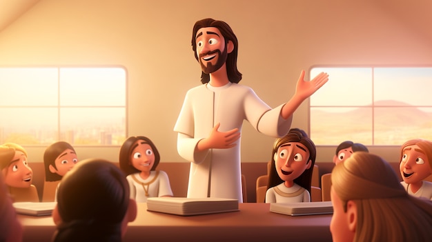 Foto grátis cartoony jesus cercado de pessoas