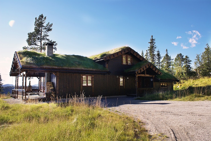 Foto grátis casa de campo rural norueguesa típica com paisagem deslumbrante e bela vegetação na noruega