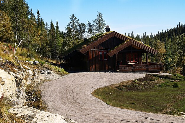 Casa de campo rural norueguesa típica com paisagem deslumbrante e bela vegetação na Noruega