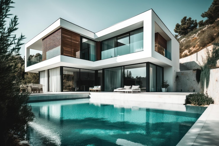 Foto grátis casa de design villa moderna com sala de estar de plano aberto e ala de quarto privado grande terraço com privacidade
