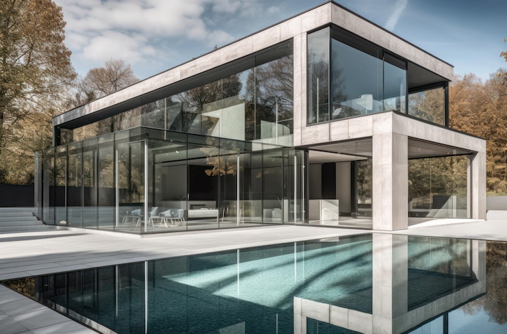 Foto grátis casa de design villa moderna com sala de estar de plano aberto e ala de quarto privado grande terraço com privacidade