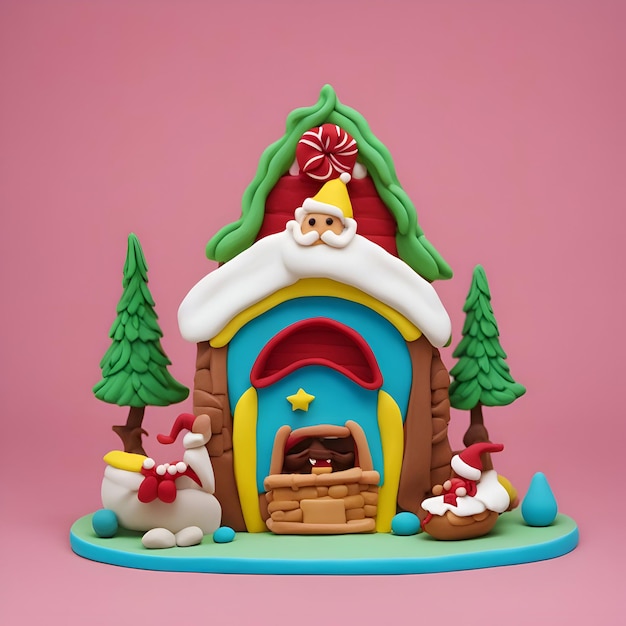 Foto grátis casa de gengibre de natal engraçada com papai noel e boneco de neve renderização 3d
