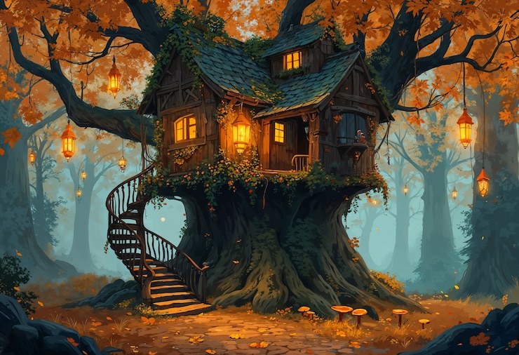 Foto grátis casa de outono encantada na floresta