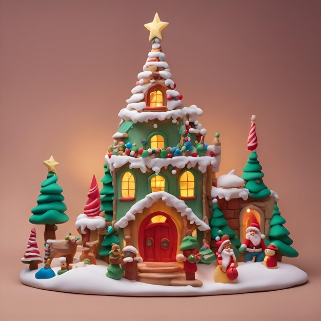 Casa de pão de mel com árvore de Natal e ilustração 3d do Papai Noel