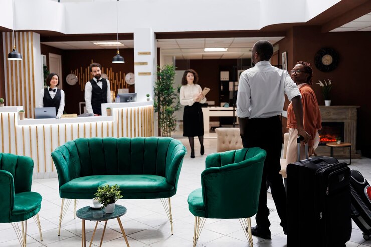 Foto grátis casal afro-americano na recepção, chegando ao hotel e se preparando para fazer o processo de check-in. homem e mulher felizes perguntando à equipe da recepção sobre a reserva do quarto, preencham os formulários de registro.
