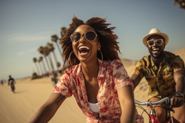 Casal andando de bicicleta na praia