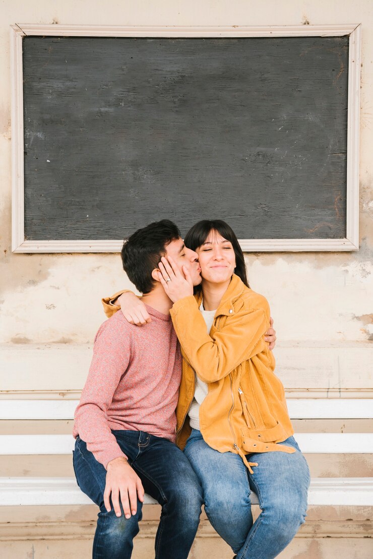 Foto grátis casal apaixonado sentado no banco e abraçando e beijando