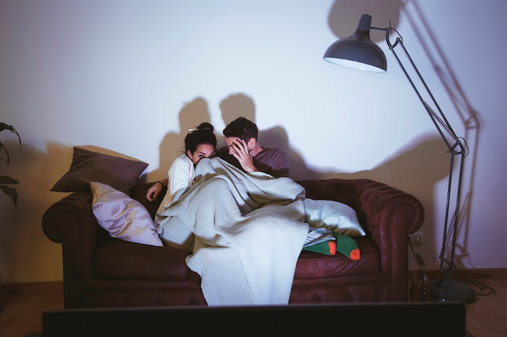 Foto grátis casal assistindo a um filme assustador