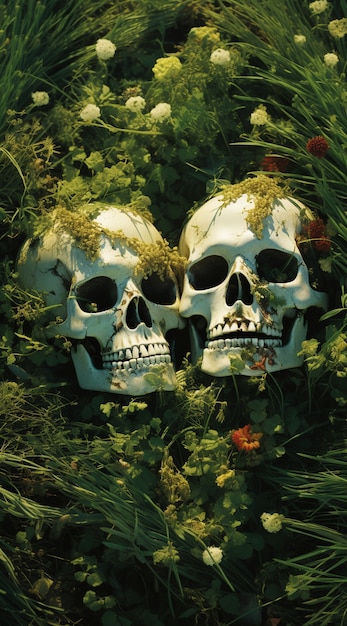 Foto grátis casal de esqueleto posando com flores