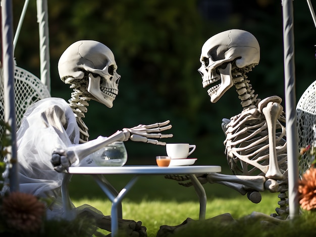 Casal de esqueletos tendo um encontro