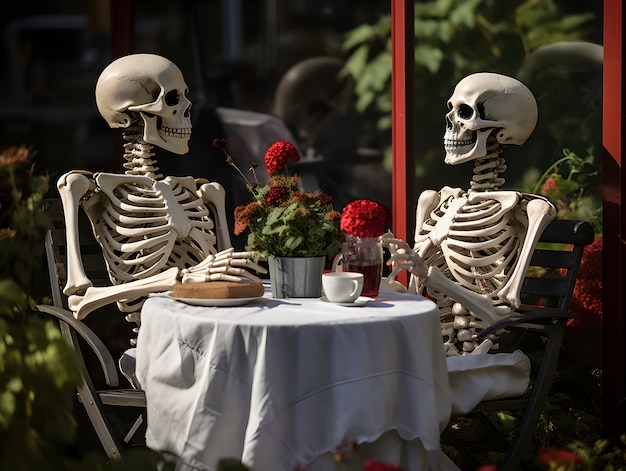 Casal de esqueletos tendo um encontro