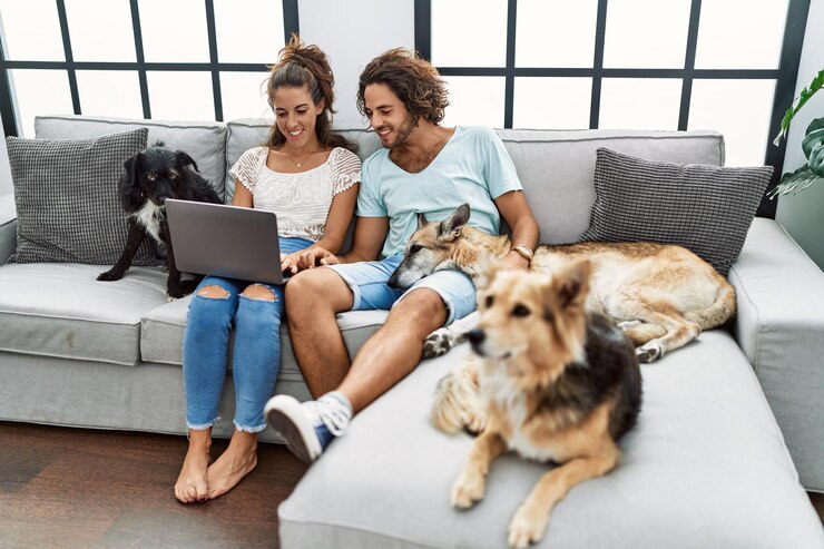 Foto grátis casal de homem e mulher usando laptop sentado no sofá com cães em casa
