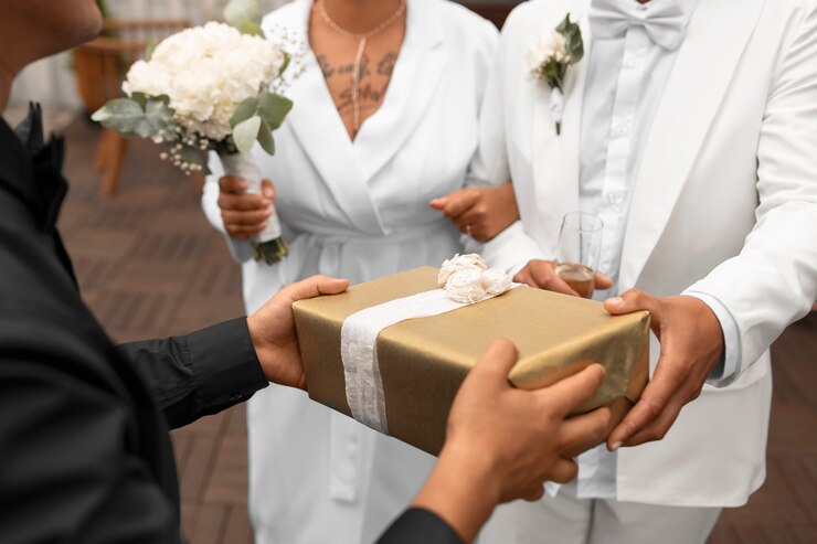 Foto grátis casal de lésbicas aceitando presentes de convidados em seu casamento