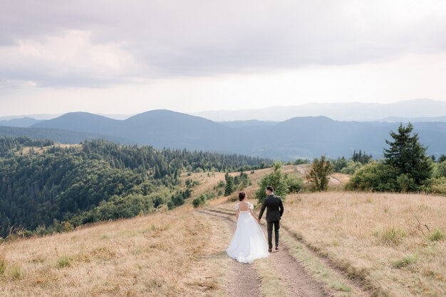 Casal de noivos nas montanhas na estrada, vista traseira de um casal de noivos está andando nas montanhas