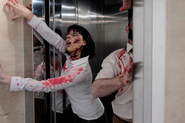 Casal de zumbis escapando do elevador para atacar pessoas no escritório de negócios, andando no apocalipse de terror morto com monstros possuídos pelo diabo. Estranhos cadáveres dramáticos comendo caminhantes no local de trabalho.