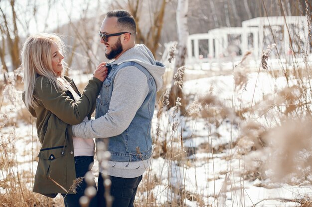 Casal elegante em um parque de inverno