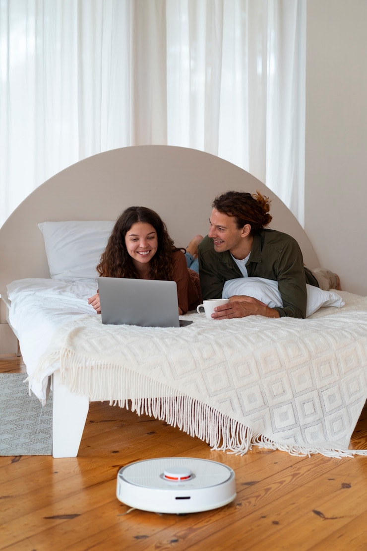 Foto grátis casal em casa com aspirador robótico sem fio