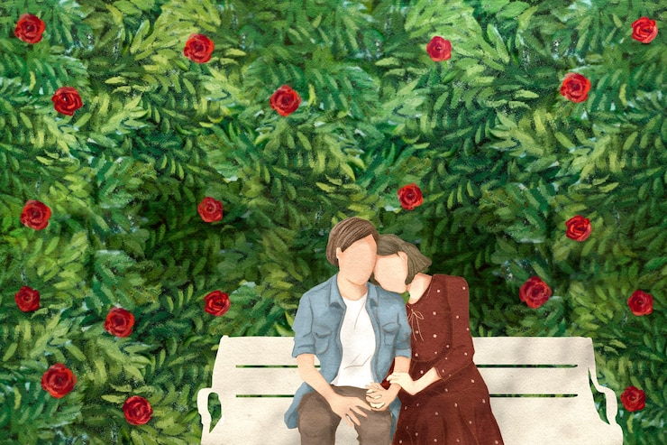 Foto grátis casal em um encontro no jardim ilustração desenhada à mão do tema dos namorados