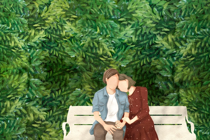Foto grátis casal em um encontro no jardim ilustração desenhada à mão do tema dos namorados