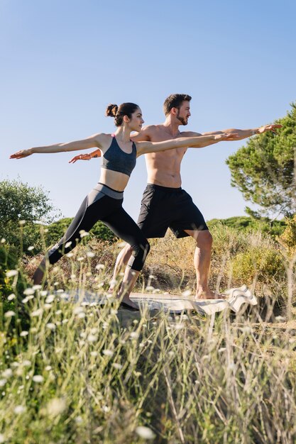 Foto grátis casal fazendo yoga na praia, grama na frente