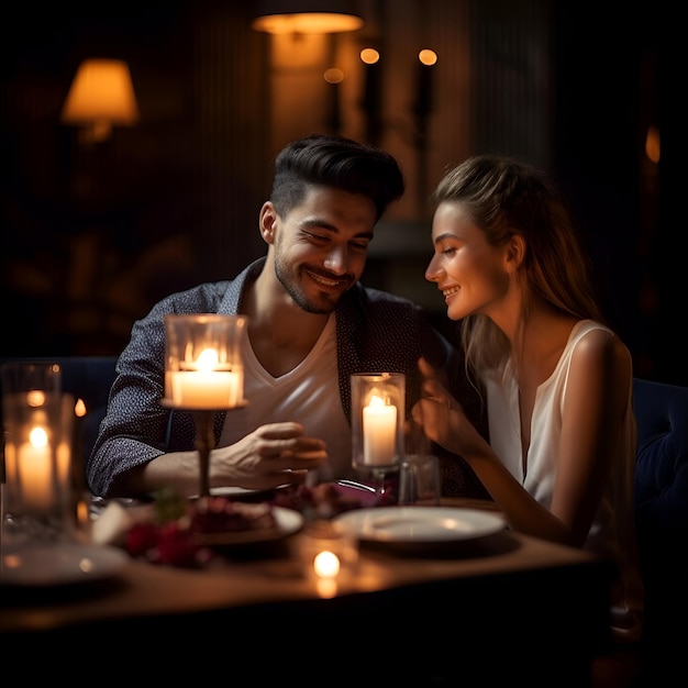 Casal feliz tendo um jantar romântico em um restaurante no natal com velas