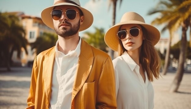 Casal jovem andando na cidade aproveitando a IA generativa da luz solar