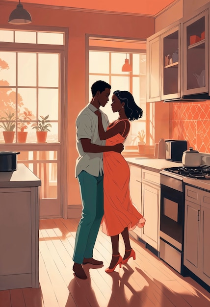 Casal na cozinha ilustrado em estilo anime