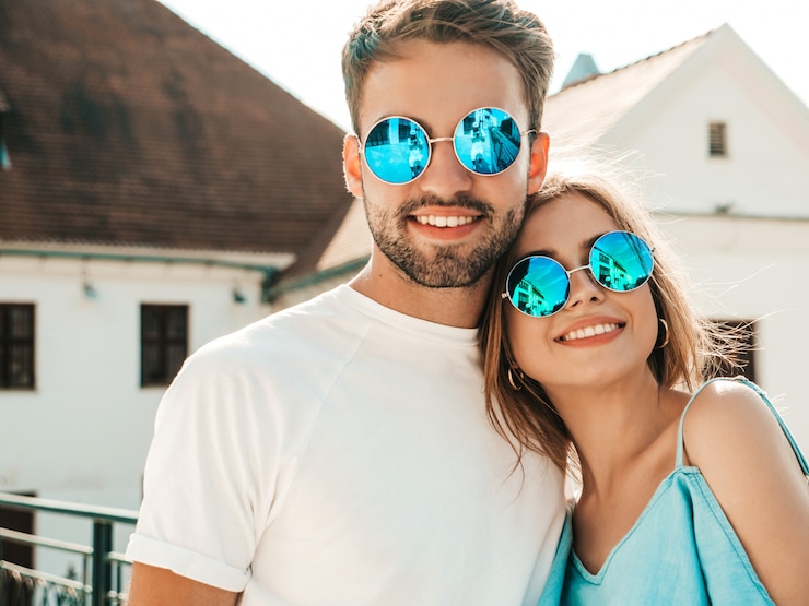 Foto grátis casal posando na rua em óculos de sol