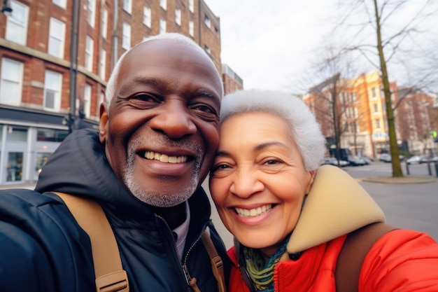 Casal sênior expressão feliz e surpresa fundo da cidade