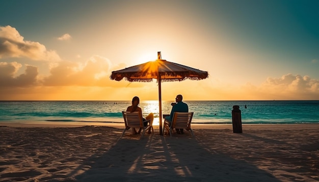 Casal sorridente aprecia o pôr do sol na praia tropical gerada por IA