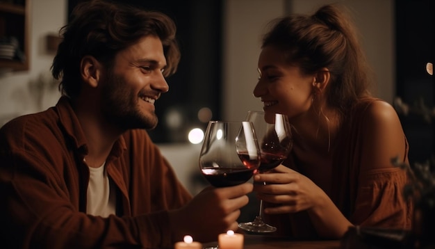 Foto grátis casal sorridente sentado juntos bebendo vinho tinto gerado por ia