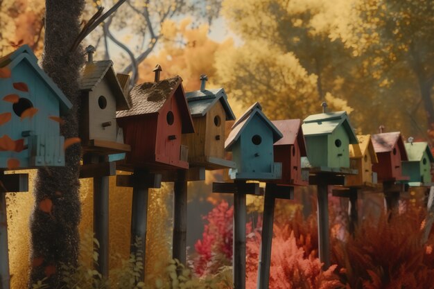 Casas de pássaros coloridas ao ar livre