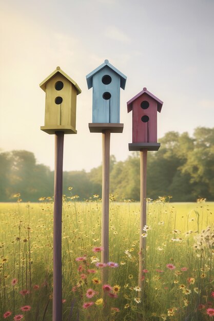 Casas de pássaros coloridas ao ar livre
