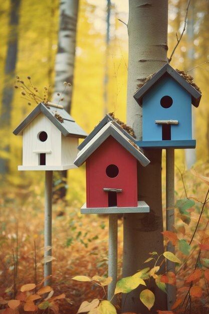 Casas de pássaros coloridas ao ar livre