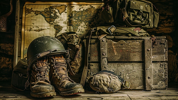Foto grátis casco de soldado de estilo vintage, natureza morta.