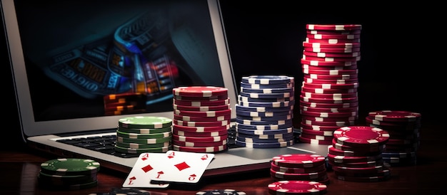 Cassino on-line e apostas na internet retratadas com um laptop e várias fichas e dados de jogo