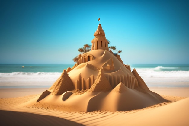 Castelo de areia em uma praia com palmeiras ao fundo