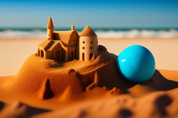 Castelo de areia em uma praia com uma bola azul em primeiro plano