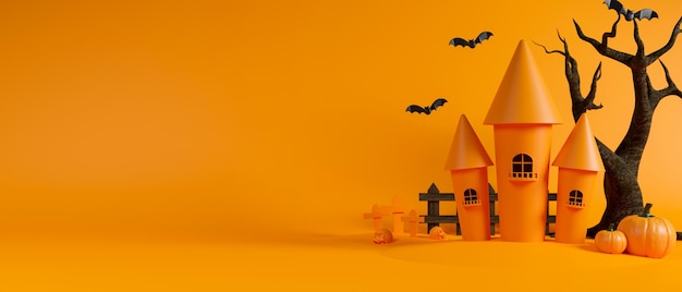 Castelo de bruxa e árvore seca em fundo amarelo conceito de halloween renderização 3d ilustração 3d