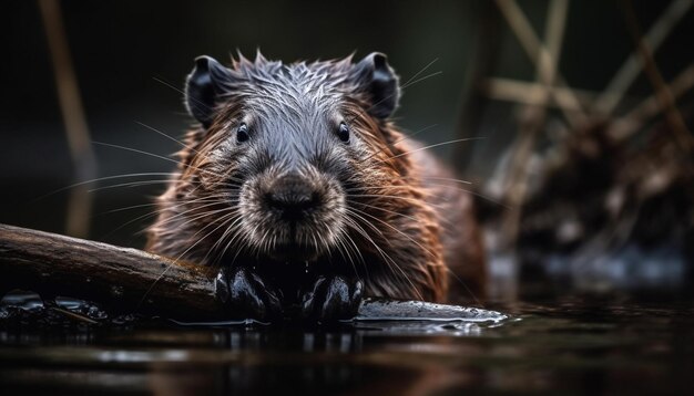 Castor fofo olhando para o reflexo do lago gerado pela IA