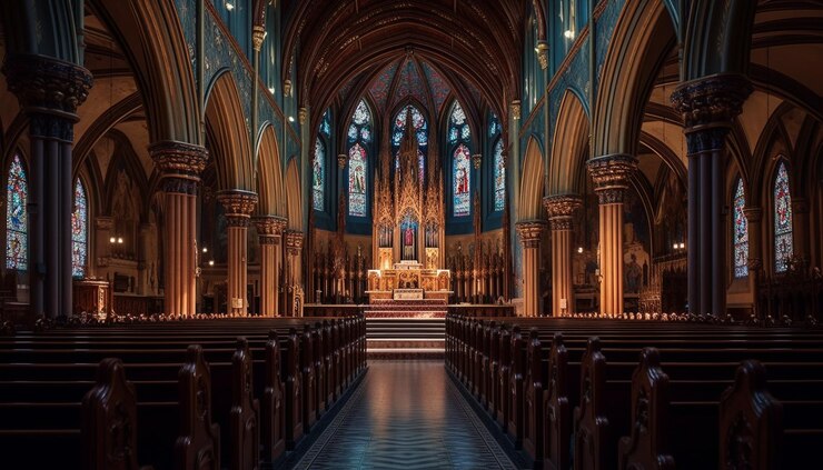 Foto grátis catedral majestosa com vitrais e altar gerado por ia
