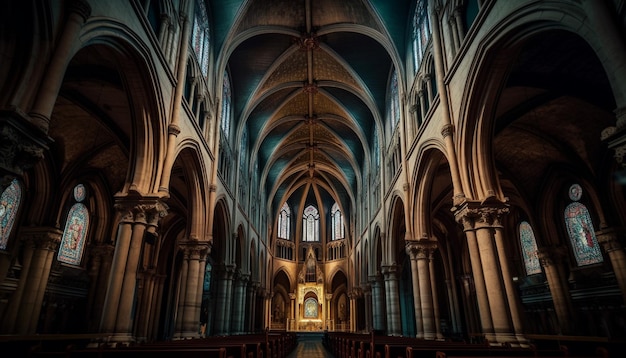 Catedral majestosa com vitrais iluminados à noite gerados por IA