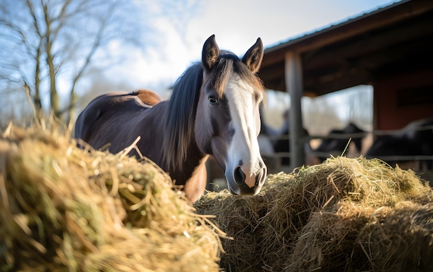 Cavalo comendo feno