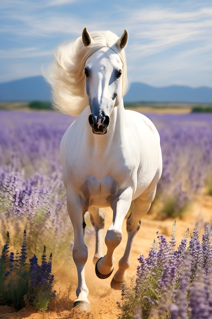 Cavalo correndo pelo campo de lavanda